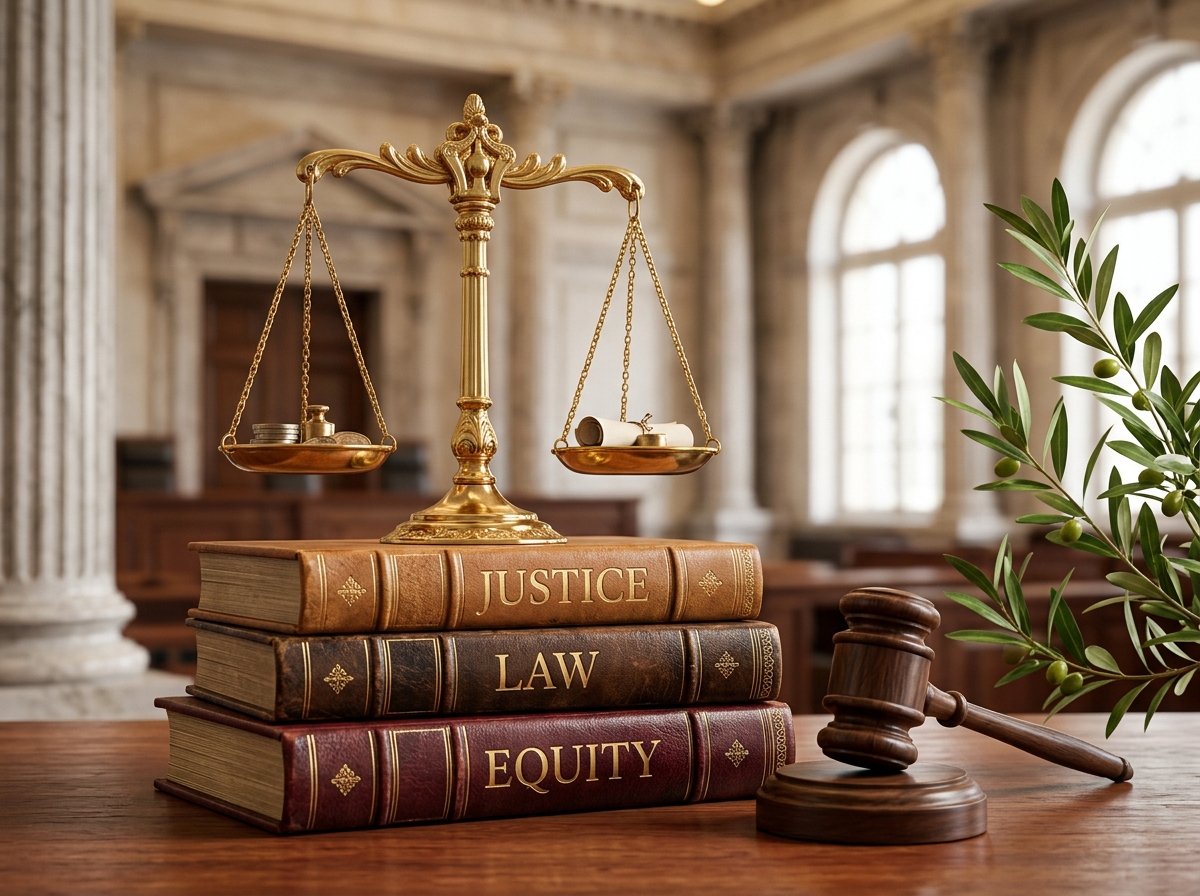 Scales of Justice on Law Books with Gavel
